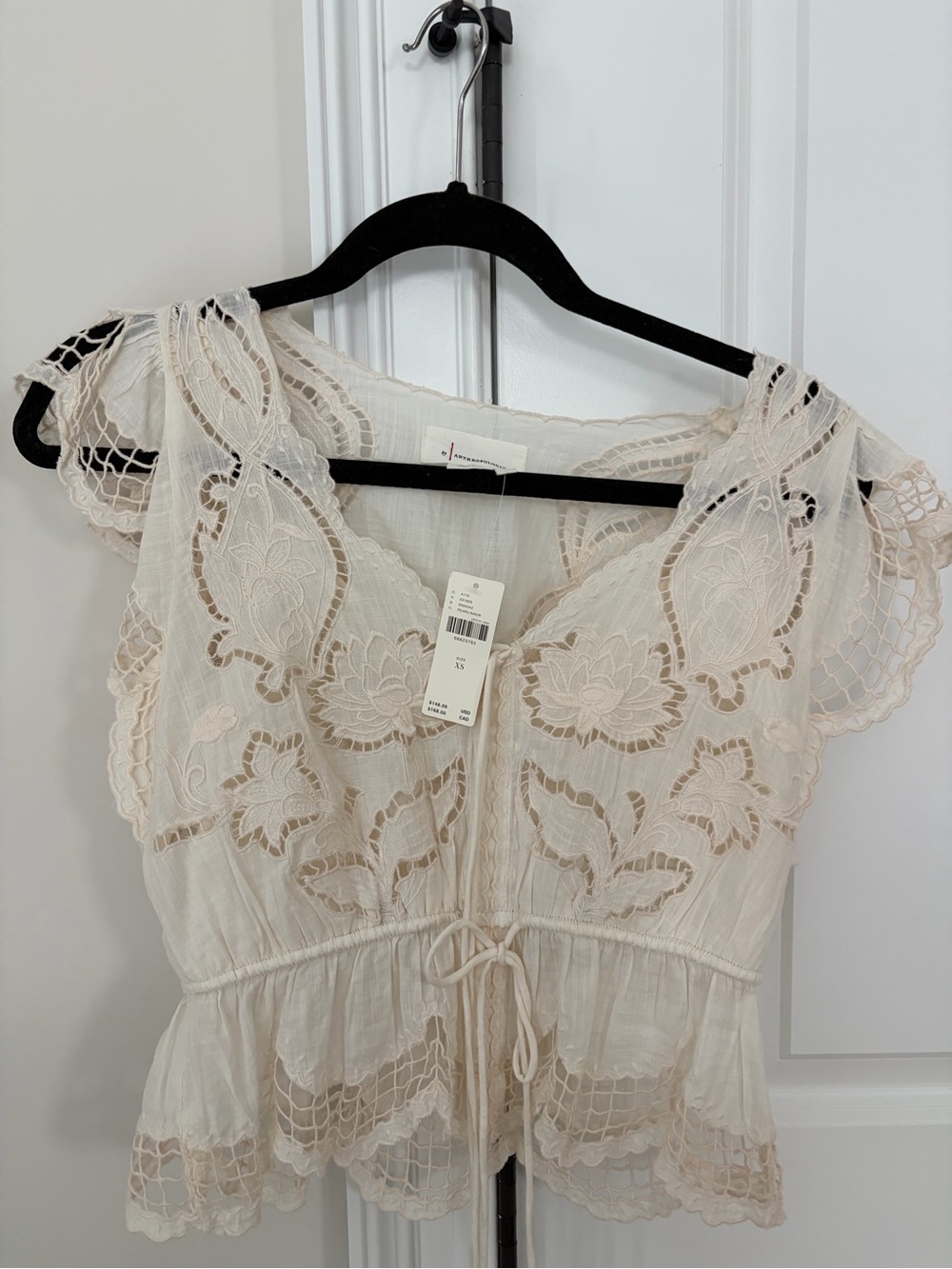 Anthropologie Cream Lace-Trim Cropped Peplum Top